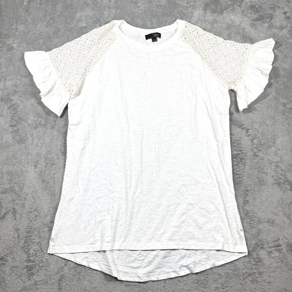 Suzanne Betro L Ivory Blouse Lace Ruffle Bell Sleeve Feminine Top NWOT - Picture 1 of 7